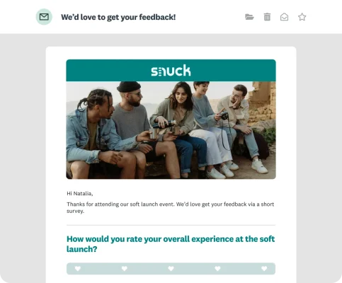 A personalised email survey invite for a Snuck soft launch event, featuring an image and the customer’s name