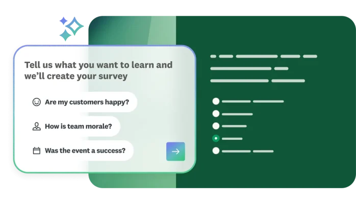AI survey builder prompt window offering prompt options next to a generated survey form mockup