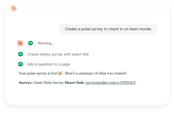 Interface showing an AI assistant creating a pulse survey and generating a SurveyMonkey share link
