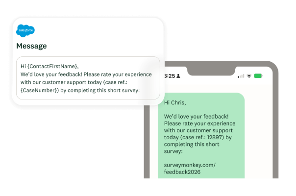 A Salesforce message showing an SMS text message asking users to complete a survey.