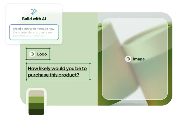 AI survey builder interface generating a customisable product feedback survey with logo, image and colour palette placeholder