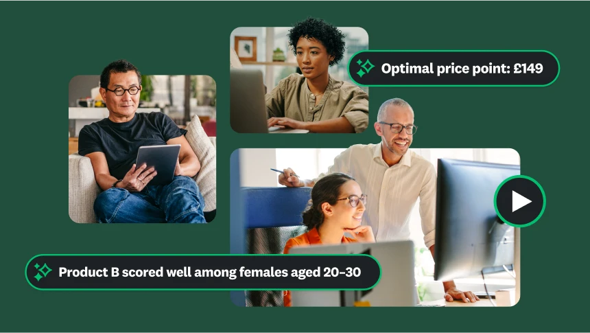 Photos of different people working on laptops and tablets with insights showing that the optimal price point is £149 and product B scored well with females aged 20–30