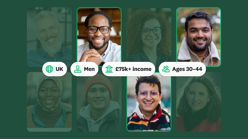Photos of different people next to a box reporting that there were 800 responses from 30- to 40-year-old men in the UK with an income of £75K+
