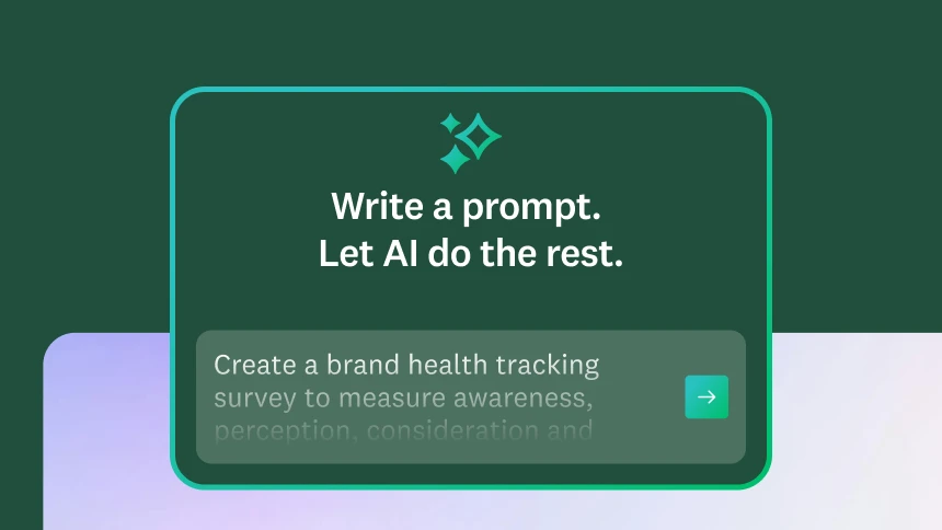 A modal that says “Write a prompt. Let AI do the rest.” along with a prompt that says “Create a brand health tracking survey to measure awareness, perception, consideration and”