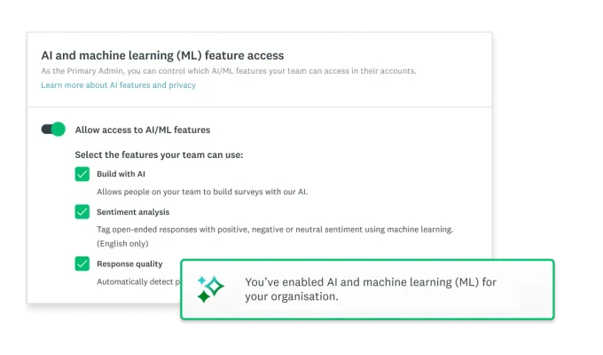 A screenshot of a user enabling AI and machine learning features within SurveyMonkey