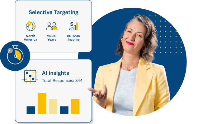 Screenshot of SurveyMonkey brand tracker solution with AI insights and selective targeting.