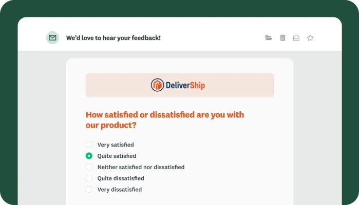 An email preview showing a DeliverShip product satisfaction survey embedded in the message