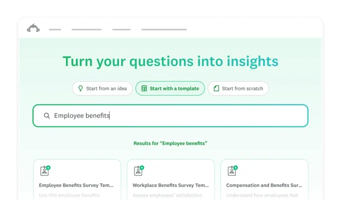 User interface with a search for “employee benefits” and options to start from an idea, a template or from scratch.