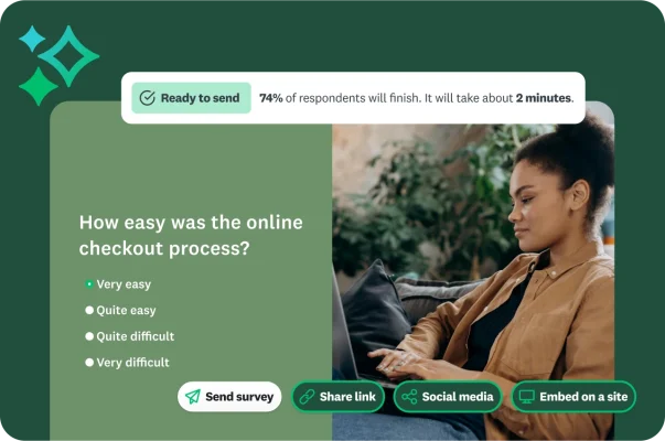 A woman typing on laptop next to a survey question asking how easy the online checkout process was, with an insight saying the survey is ready to send and 74% of respondents will finish it
