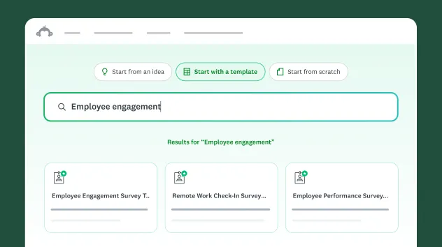 A search box showing start with a template and employee engagement typed in