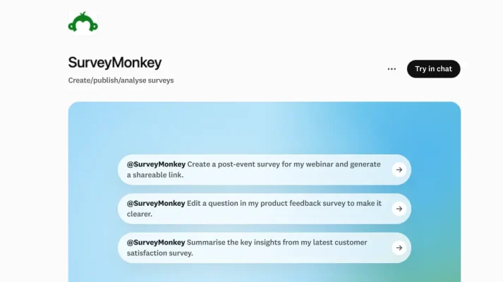 SurveyMonkey ChatGPT integration interface displaying prompt examples to create, edit and summarise surveys using AI
