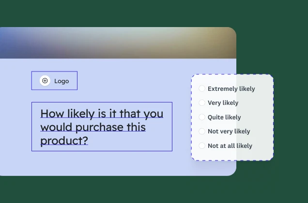 A survey form with the question “How likely is it that you would purchase this product?”, along with a five-point rating scale. A placeholder for a logo is visible.