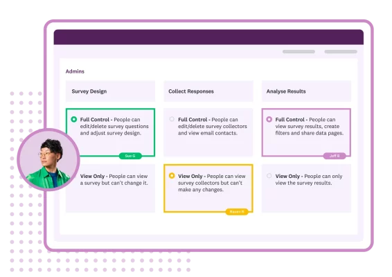 Screenshot of admin settings in SurveyMonkey that show different users with different permissions for survey creation and analysis access