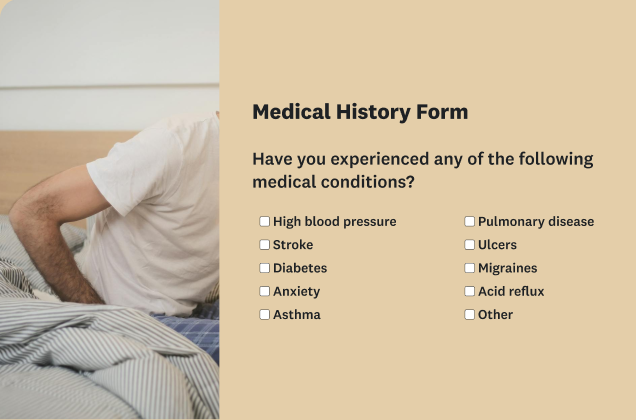 A medical history form with a list of medical conditions and tick boxes. The form is shown next to a photo of a person’s torso sitting up in bed.