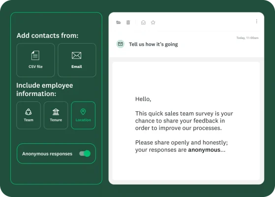 Screen with options to email a survey to contacts from a CSV or email, including info like team and tenure, with anonymous responses toggle