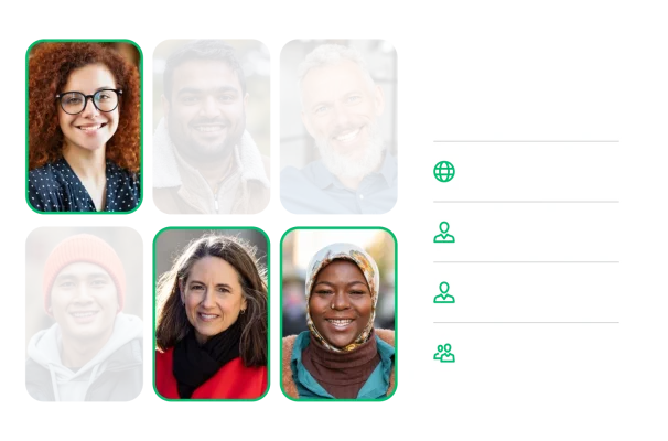 Headshots of various women, with a table next to them containing demographic information that says ‘UK’, ‘Female’, ‘£75k+ income’ and ‘Ages 18–65’