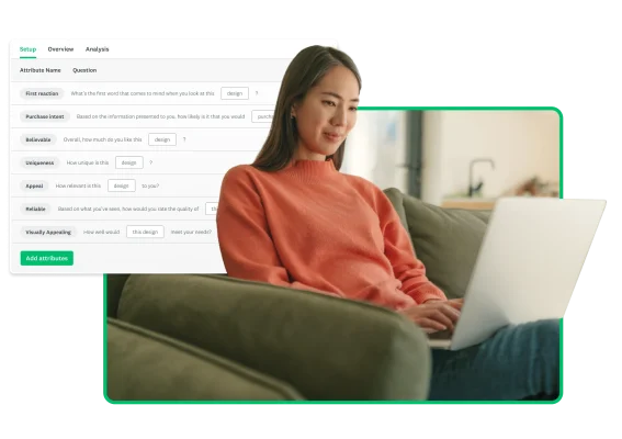 A smiling woman sitting on a couch and working on a laptop next to a screenshot of the idea-screening attribute setup step