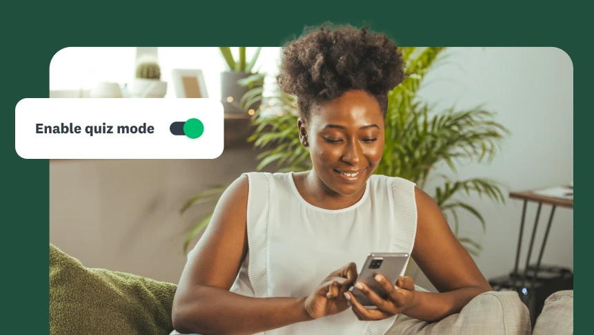 A woman on a sofa looking at her phone with an ‘Enable quiz mode’ toggle switch overlay.