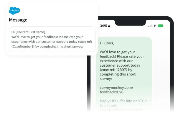 A Salesforce message showing an SMS text message asking users to complete a survey.