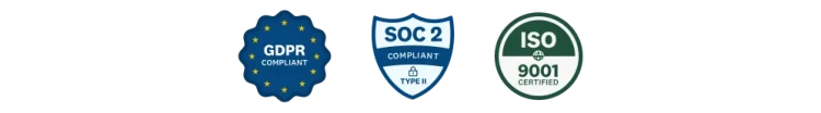 Badges that say GDPR compliant, SOC 2 Type II compliant, and ISO 9001 certified