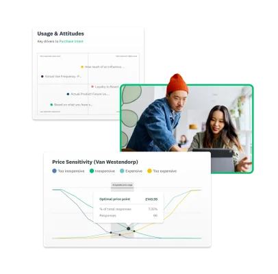Two people looking at a screen together next to screenshots of SurveyMonkey usage and attitudes solution and price optimisation solution