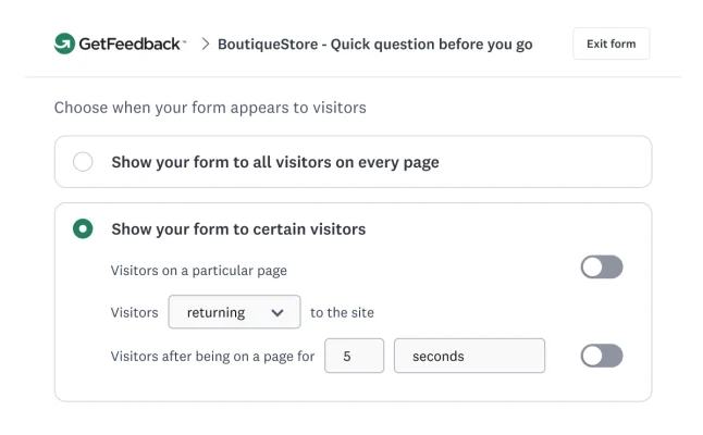 A GetFeedback visitor targeting settings interface showing visit and visitor type, page and time options