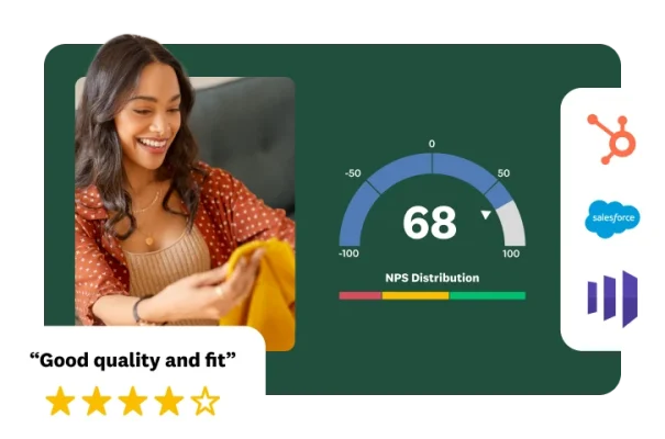 A woman smiling and holding a garment with an overlay showing a 4-star review, an NPS of 68 and integration logos.