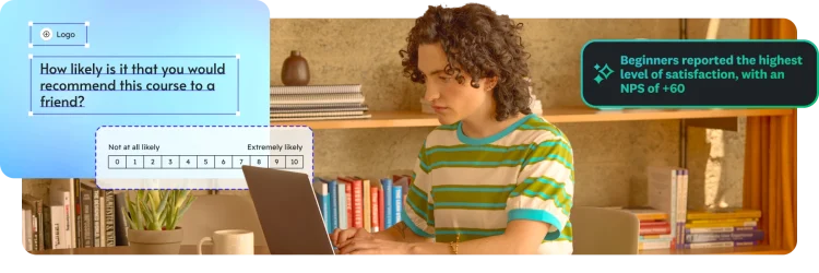 A person using a laptop with an overlay of a course recommendation survey and an NPS score callout.