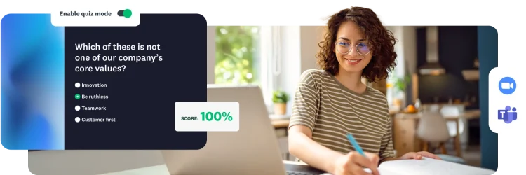 A woman working on a laptop with an overlay showing a corporate values quiz in ‘quiz mode’ with a 100% score.