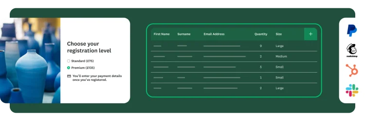 A screen showing event registration options, a table of attendee data and some integration logos
