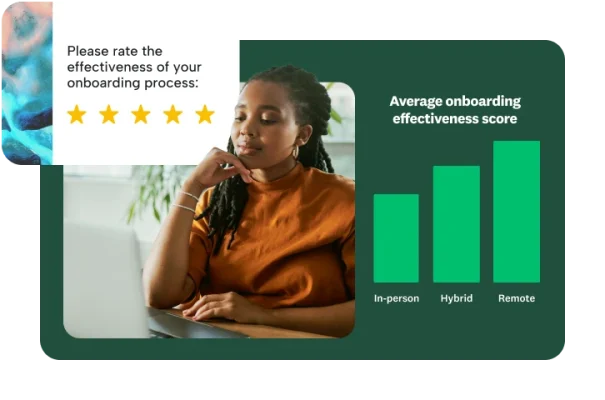 A woman sitting at a desk looking at a laptop with, on the left, the question “Please rate the effectiveness of your onboarding experience:”, plus a five-star rating, and on the right, an average onboarding effectiveness score bar chart.