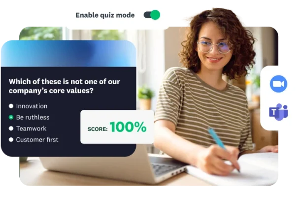 A woman working on a laptop with an overlay showing a corporate values quiz in ‘quiz mode’ with a 100% score.