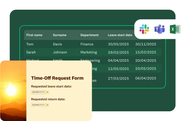 The time-off request form template asking for the requested leave start and end dates next to a table showing the names of various employees and their requested time-off dates