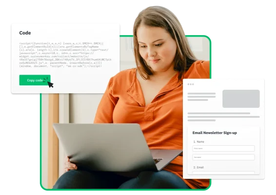 A woman sitting in a chair and using her laptop with product screenshots floating around her