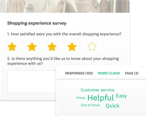 A screenshot of a SurveyMonkey shopping experience survey asking the respondent how satisfied they were with the overall shopping experience and whether there is anything else they would like to comment on. Next to it is a screenshot showing a word cloud of responses.