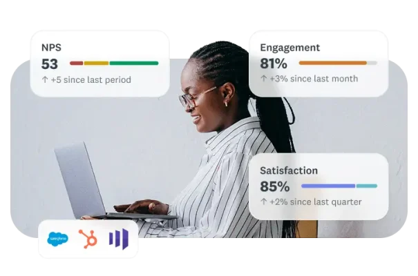 A woman typing on laptop, plus statistics about engagement and satisfaction, and eNPS, being up