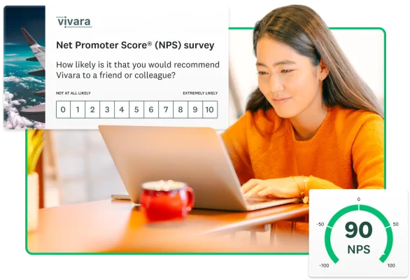 Woman smiling at her laptop. Next to her are screenshots of a SurveyMonkey Net Promoter Score (NPS) survey and an NPS of 90.