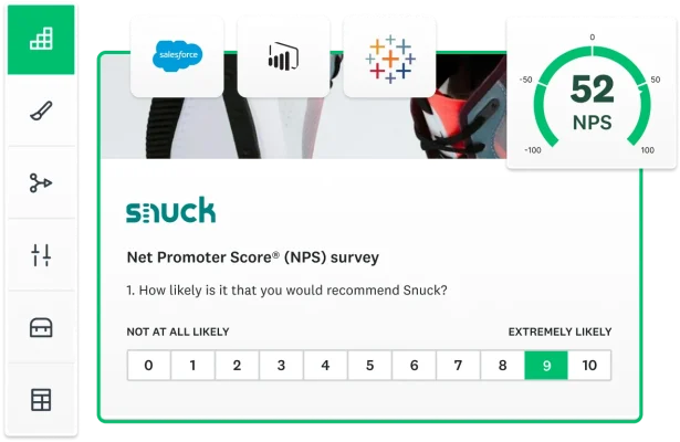 Screenshots of a SurveyMonkey NPS question (asking how likely it is that you would recommend a company), survey customisation options, tools to integrate your survey with and a final NPS score of 52