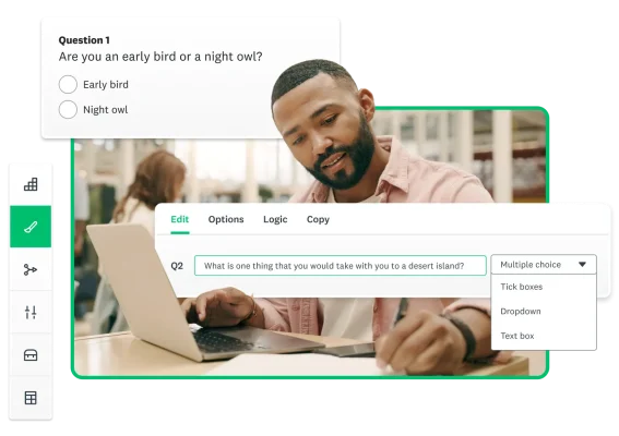 Man on computer with poll builder screenshots floating around him