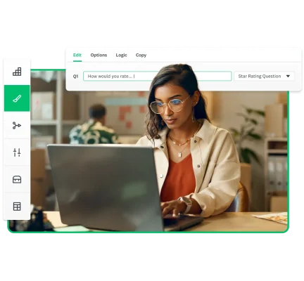 Woman on a computer with poll builder screenshots floating around her