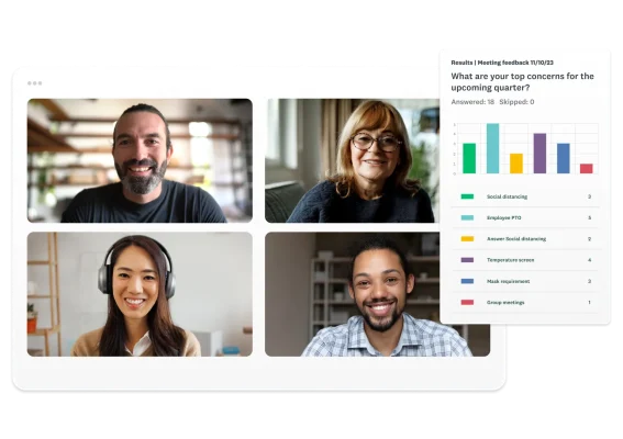 Four people on a video communication screen with a poll question and data floating on top