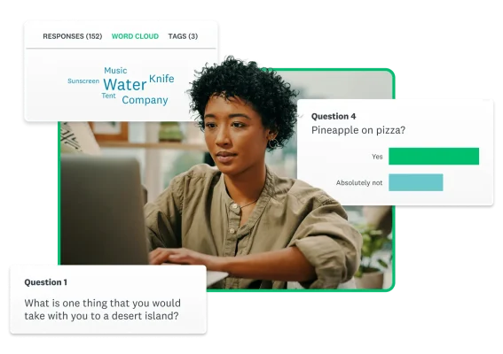 Woman on computer with poll question screenshots floating around her