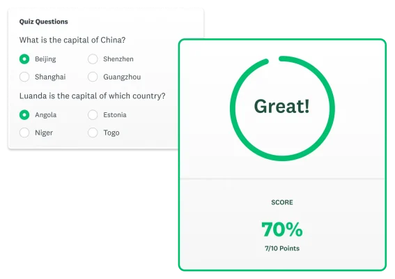 Screenshot of SurveyMonkey quiz about country capitals, with a score of 70% next to it