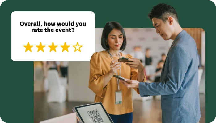 Two people at an event using their phones to scan a QR code on a tablet, with an overlay showing a four-star event rating survey