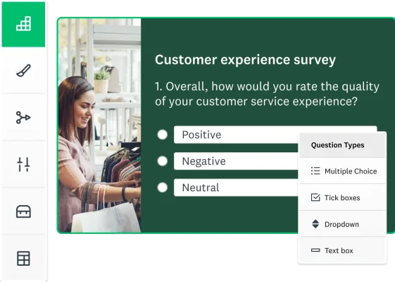 A customer experience survey question with three answer options and a dropdown listing different question types