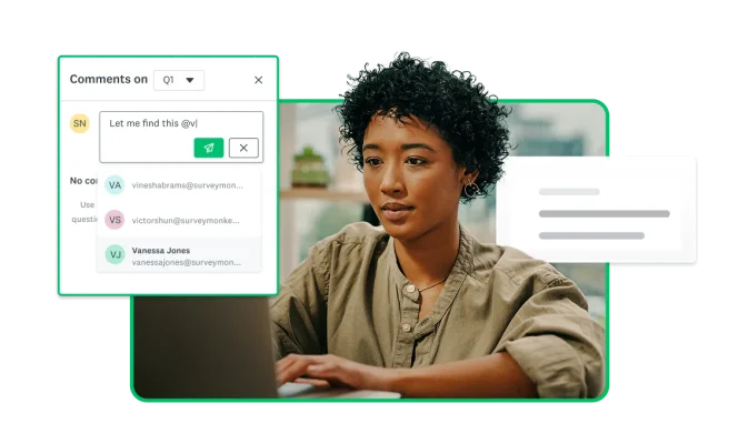 Person on a laptop, next to a screenshot showing the ability to leave comments about a survey feature