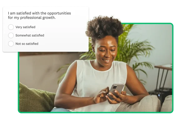 Woman looking at a mobile phone with a floating screenshot of professional development survey behind her