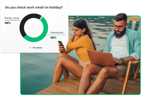 Two people sitting on a boat dock looking at phones and laptop screens, next to chart showing that 52% check work email on holiday