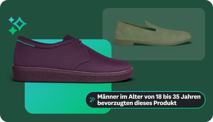 Eine Grafik, die zwei verschiedene Schuhe zeigt. In einem Textfeld steht „Männer im Alter von 18 bis 35 Jahren bevorzugten dieses Produkt“, womit auf einen demografischen Faktor hingewiesen wird.