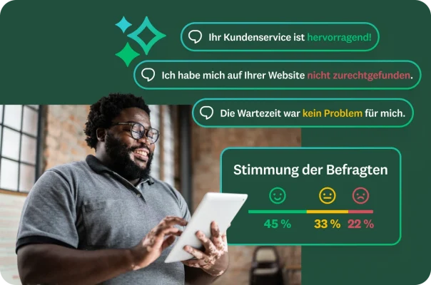 Ein Mann mit Bart und Brille betrachtet ein Tablet. Darüber sind Sprechblasen mit Kundenfeedback zu sehen, z. B. „Ihr Kundenservice ist hervorragend!“ und „Ich habe mich auf Ihrer Website nicht zurechtgefunden.“ Daneben zeigt eine Grafik die Stimmungsverteilung anhand von Prozentangaben.